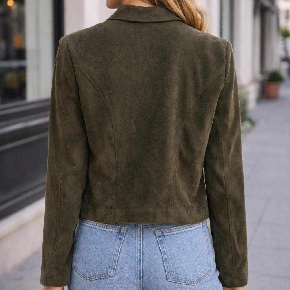 Suzannah James Olive Suede-Look Zip Jacket Size 16 Classic Structured Blazer - Picture 2 of 8